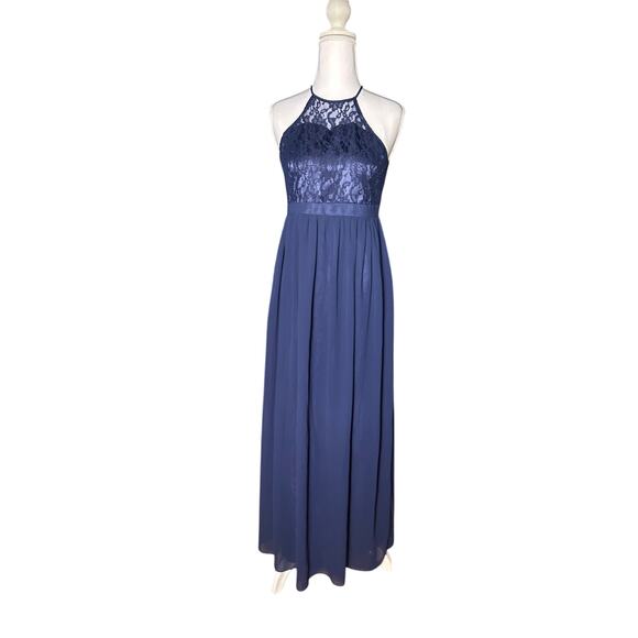 IEFIEL Navy Lace Halter Keyhole Back Full Maxi Skirt Size 14 Formal NWT Dress - Picture 2 of 10